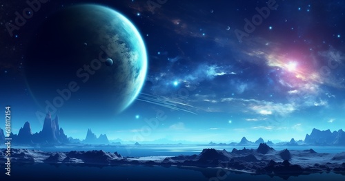 Alien landscape with a satellite planet hanging low over the horizon