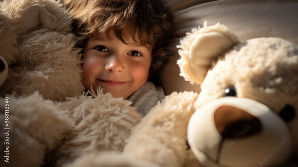 Little boy hugging his teddy bear