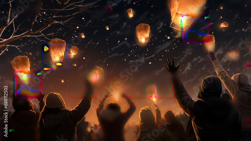 A group of people release sky lanterns