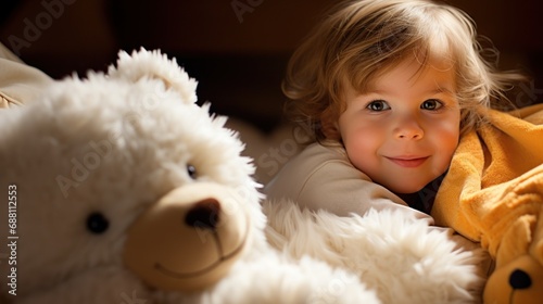 Little boy hugging his teddy bear © PixelPaletteArt