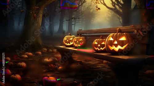 A spooky forest sunset with a haunted evil glowing eyes of Jack O' Lanterns on the left of a wooden bench on a scary halloween night photo
