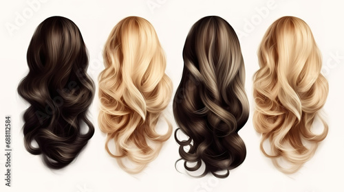 Brown, blonde and black hair on white background, Wavy long different curly hair