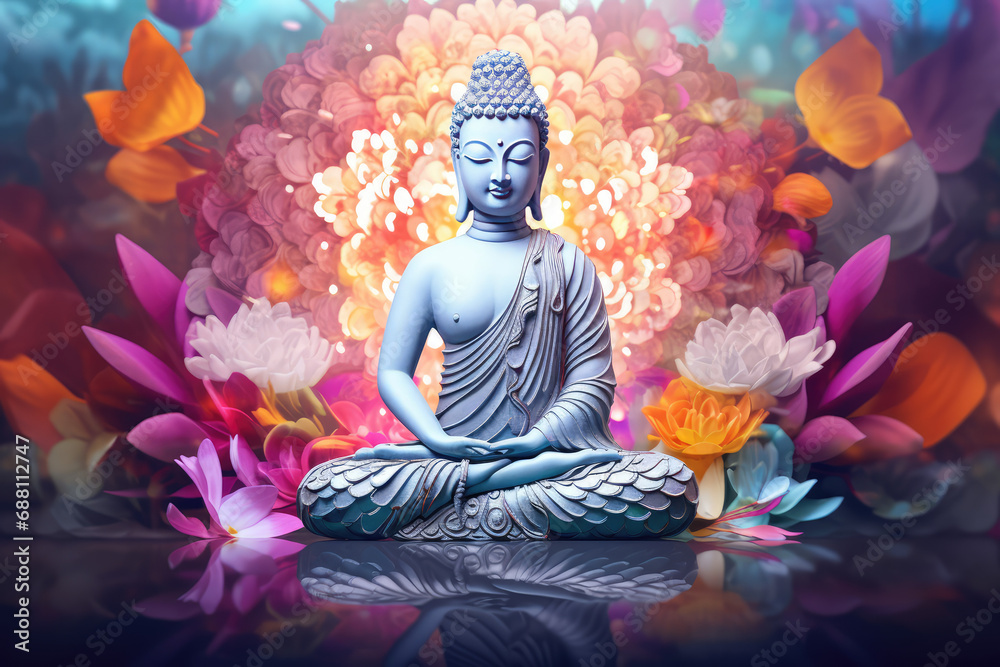 Glowing silver buddha statue decorated with flowers and colorful butterflies, chakra energy light