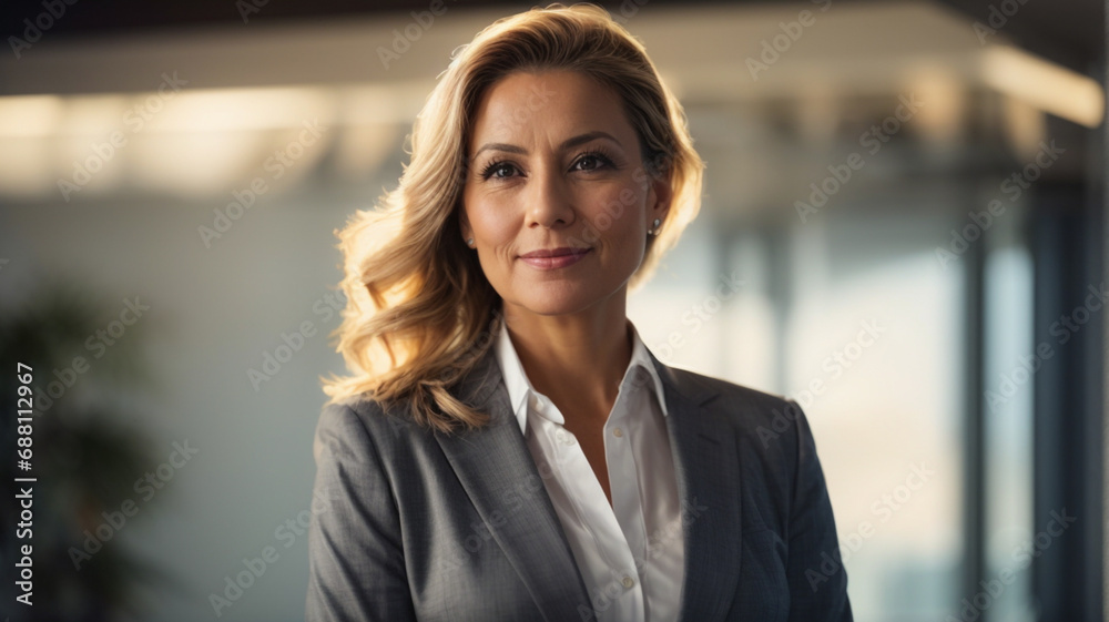 Happy middle aged business woman ceo standing in office . Smiling mature confident professional executive manager, proud lawyer, businessman leader, space for text Happy middle aged business woman ceo standing in office . Smiling mature confident professional executive manager, proud lawyer, businessman leader, space for text
