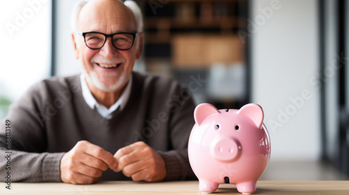 Joyful elderly man holding a pink piggybank, symbolizing financial security and the importance of savings, especially for retirement. photo