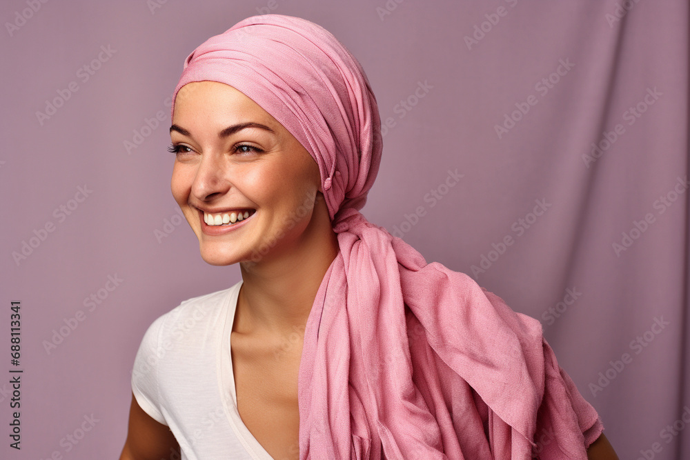 Medical and health concept. Healthy woman showing her power fist against female cancer She is wearing a pink scarf and a pink sweater. fight against cancer Medical and health concept. Healthy woman showing her power fist against female cancer She is wearing a pink scarf and a pink sweater. fight against cancer