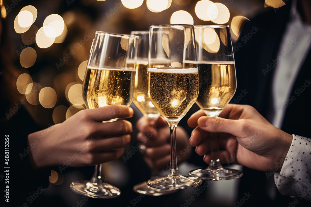 Close up of people clinking glasses with sparkling wine indoors 