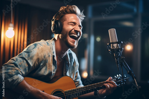 Leisure activity of young musician. He is singing a song and playing guitar in studio and live streaming.
