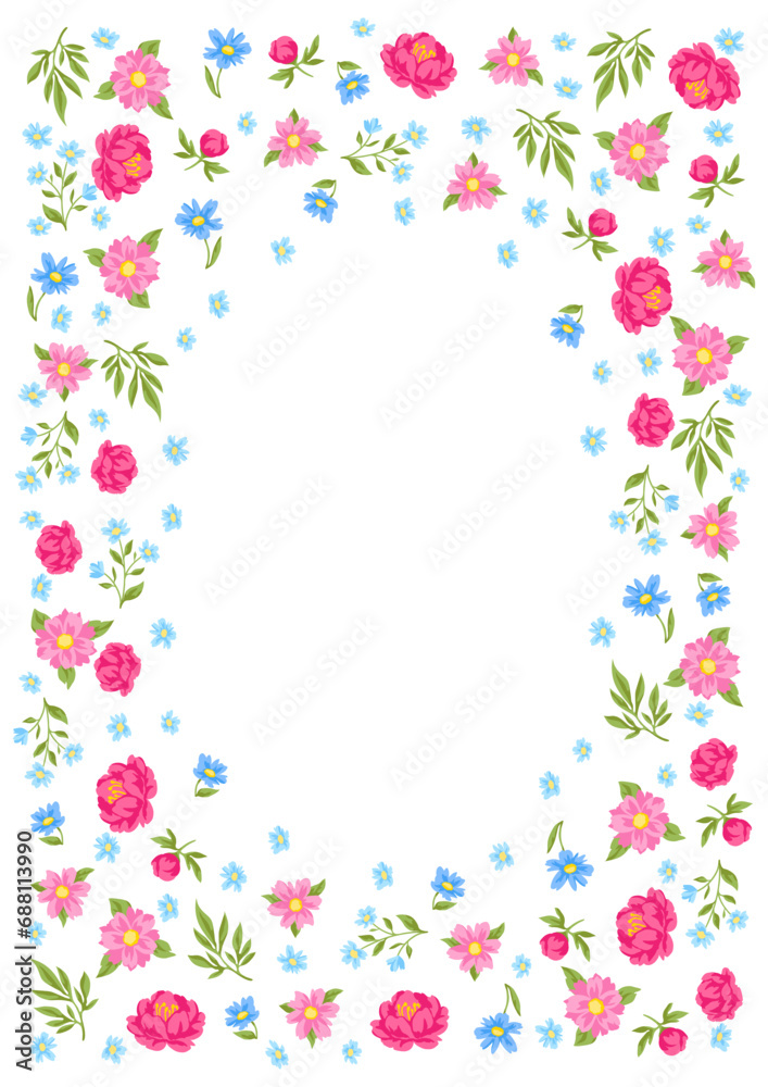 Frame with pretty flowers. Beautiful decorative natural plants and leaves.