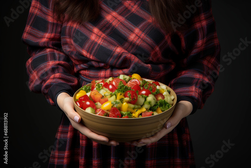 Woman holding healthy salad plate 