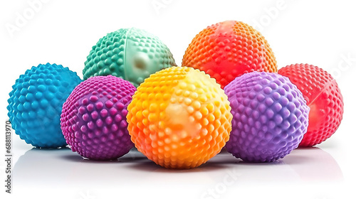 Colorful tactile or sensory balls and pyramid with colored rings on a beige background