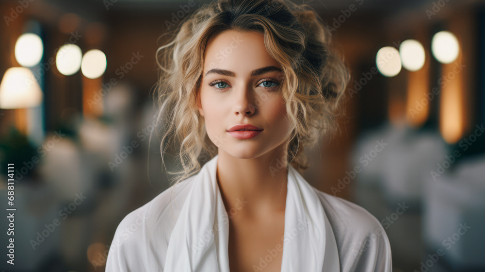 Young woman with clean and fresh skin from a spa. Close-up portrait of a model with good skin. Cosmetology, beauty, and spa services - obrazy, fototapety, plakaty 