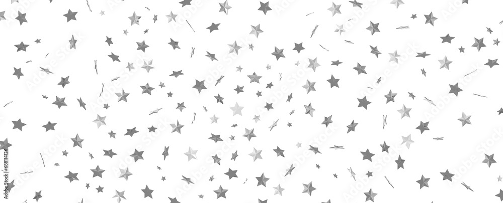 Abstract pattern of random falling silver stars on transparent background.