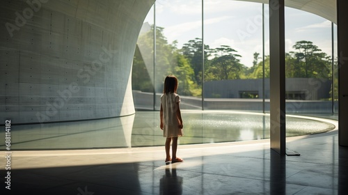 Little Girl Gazing at Her Reflection in a Transparent Glass Wall