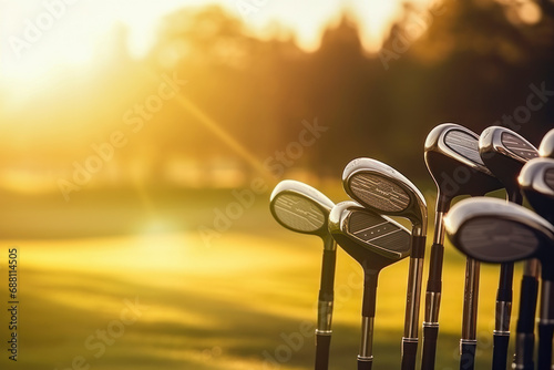 Golf clubs drivers over beautiful golf course at the sunset, sunrise time.