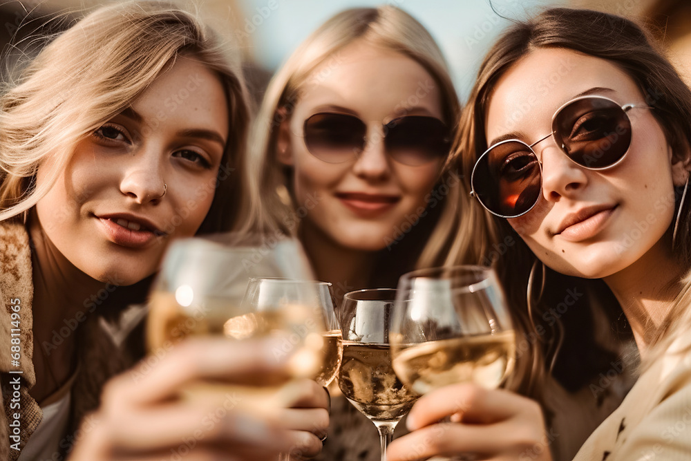 Young happy girls girlfriends celebrating with champagne. Party, birthday, bachelorette party, fun holiday friendship Young happy girls girlfriends celebrating with champagne. Party, birthday, bachelorette party, fun holiday friendship