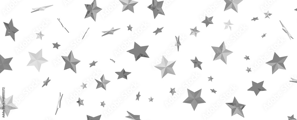 Abstract pattern of random falling silver stars on transparent background.