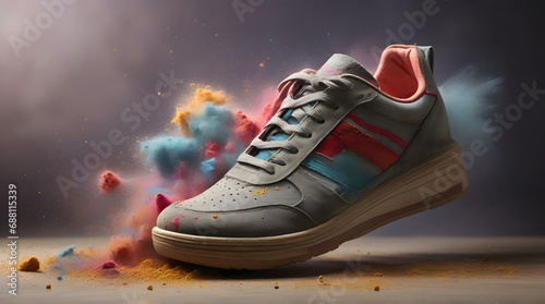 Sport shoe on air, explosion of colorful dust