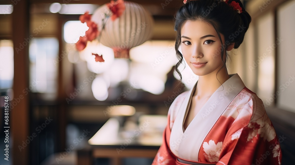 Obraz premium Woman in Kimono With Lanterns