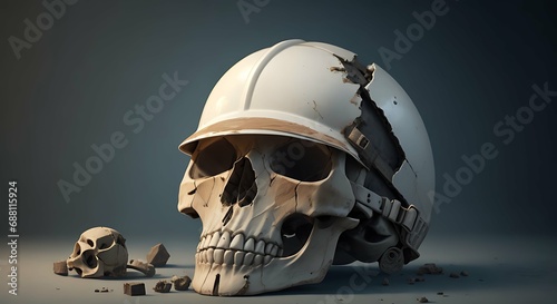 A bony skull wearing a broken construction helmet  photo
