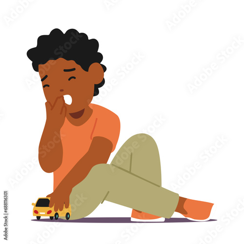 Exhausted And Yawning, Sleepy Boy With Droopy Eyes Convey Weariness. Slumped Shoulders And A Drowsy Demeanor