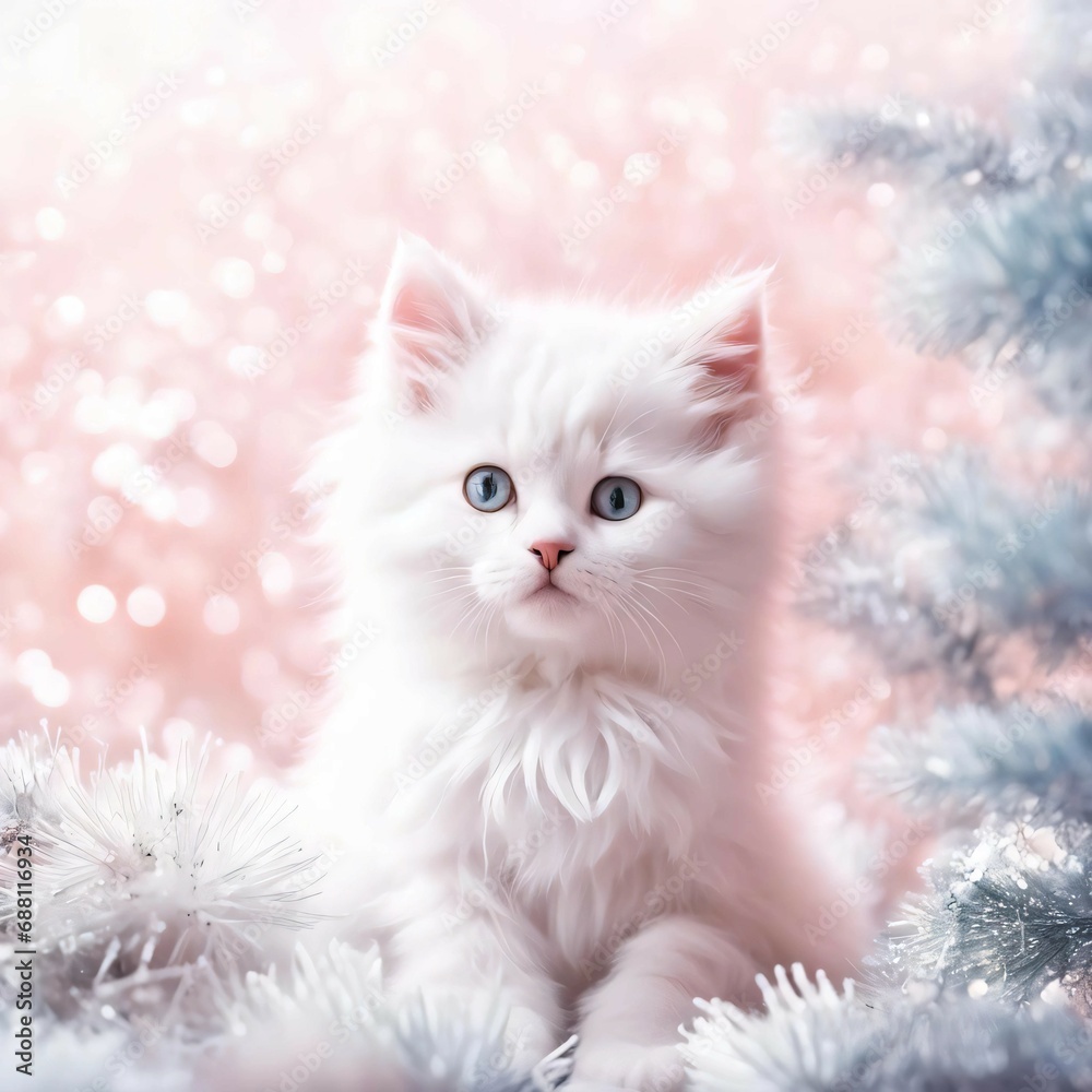 Soft New Year's background. Clean pastel tones, glitter, Christmas balls, kittens. Soft New Year's background. Clean pastel tones, glitter, Christmas balls, kittens.