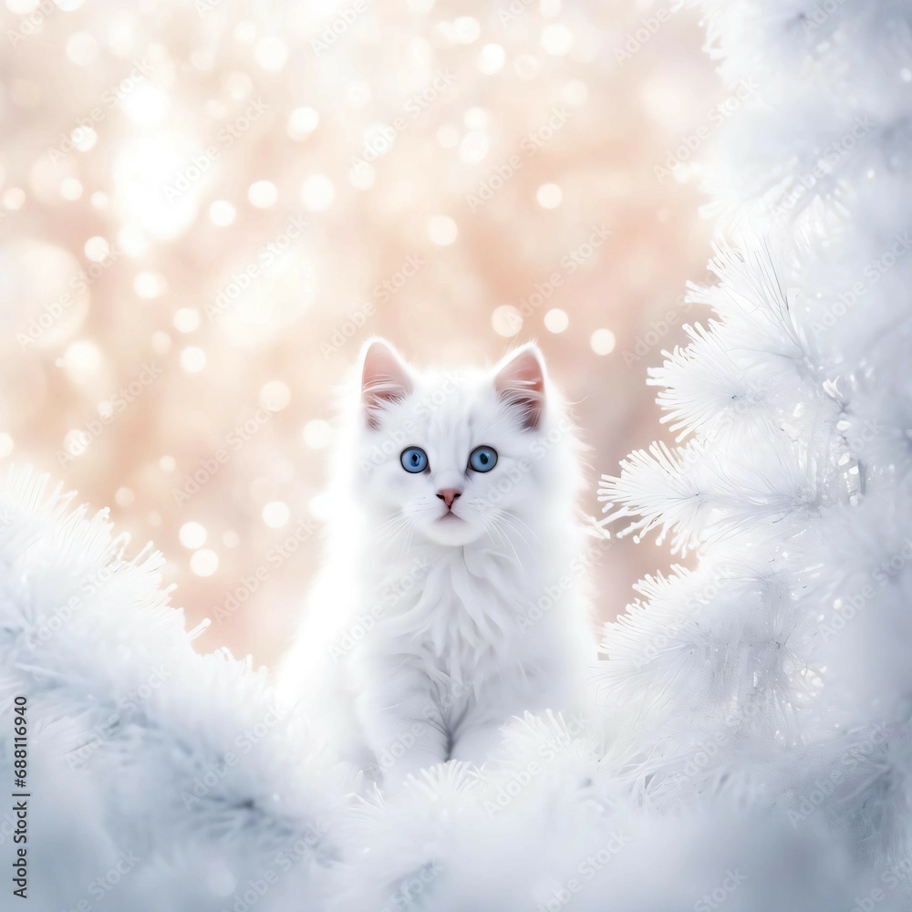 Soft New Year's background. Clean pastel tones, glitter, Christmas balls, kittens.