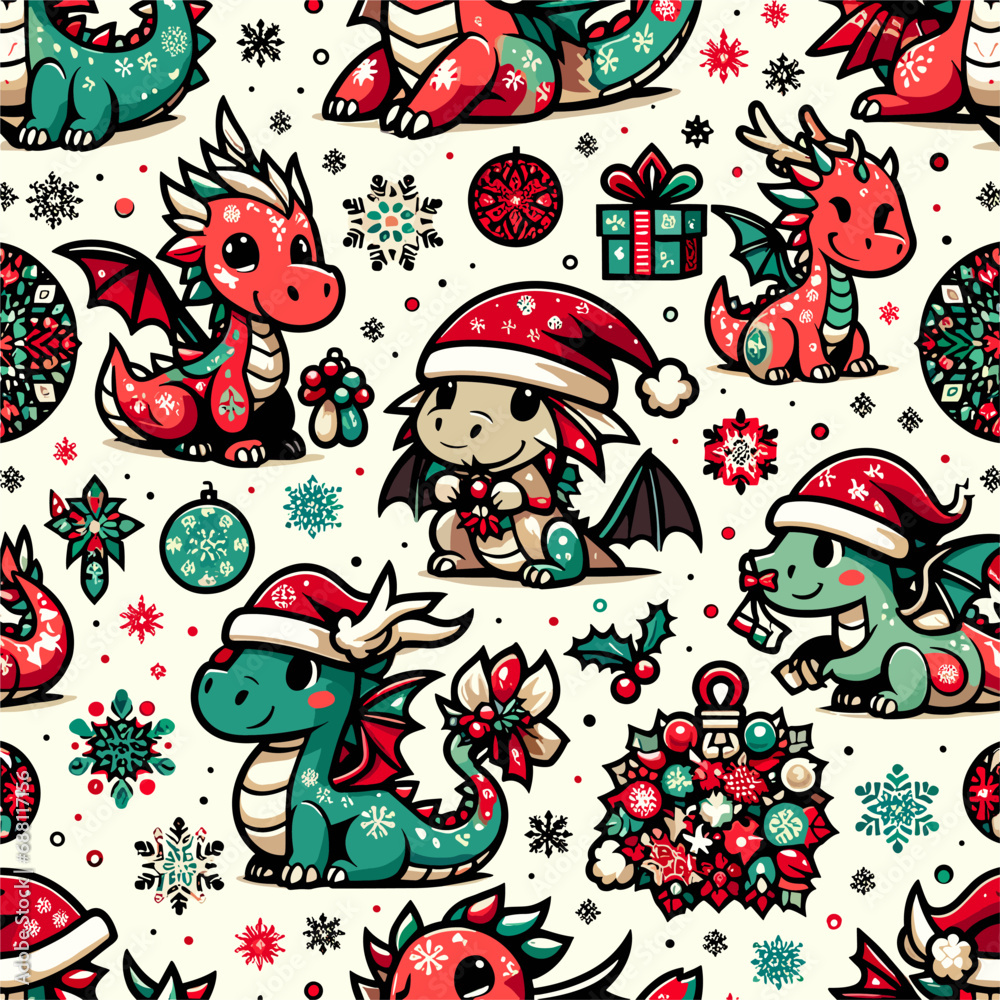 Vector pattern with
cartoon baby dragons in santa claus hat, 
christmas tree toy ball, gift and snowflakes. 
2024 New Year fashion ornament for fabric, paper,
textiles, notepad, children clothing.