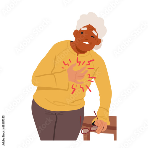 Frail Senior Woman Clutches Her Chest In Agony, Face Contorted With Pain, As The Ominous Grip Of A Heart Attack