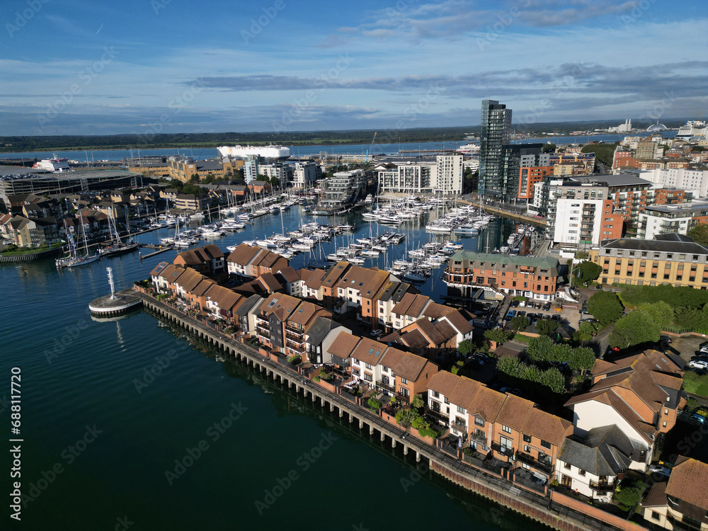 Ocean Village Marina Southampton aerial side view on a calm sunny morning