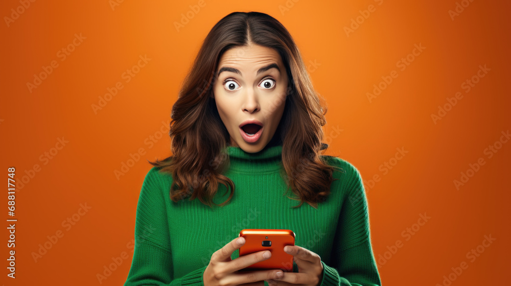 Happy smiling young woman is using her smartphone against orange background Happy smiling young woman is using her smartphone against orange background