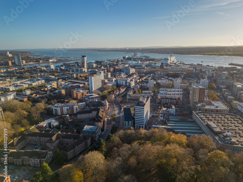 Southampton city center in autumn. aerial view from public park towards Southampton Cruise ship terminal
