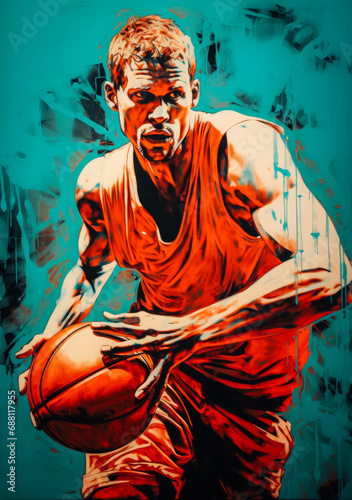 Turquoise Slam  A vibrant pop art depiction of a basketball player in dynamic motion  capturing energy and athleticism. Generated AI.