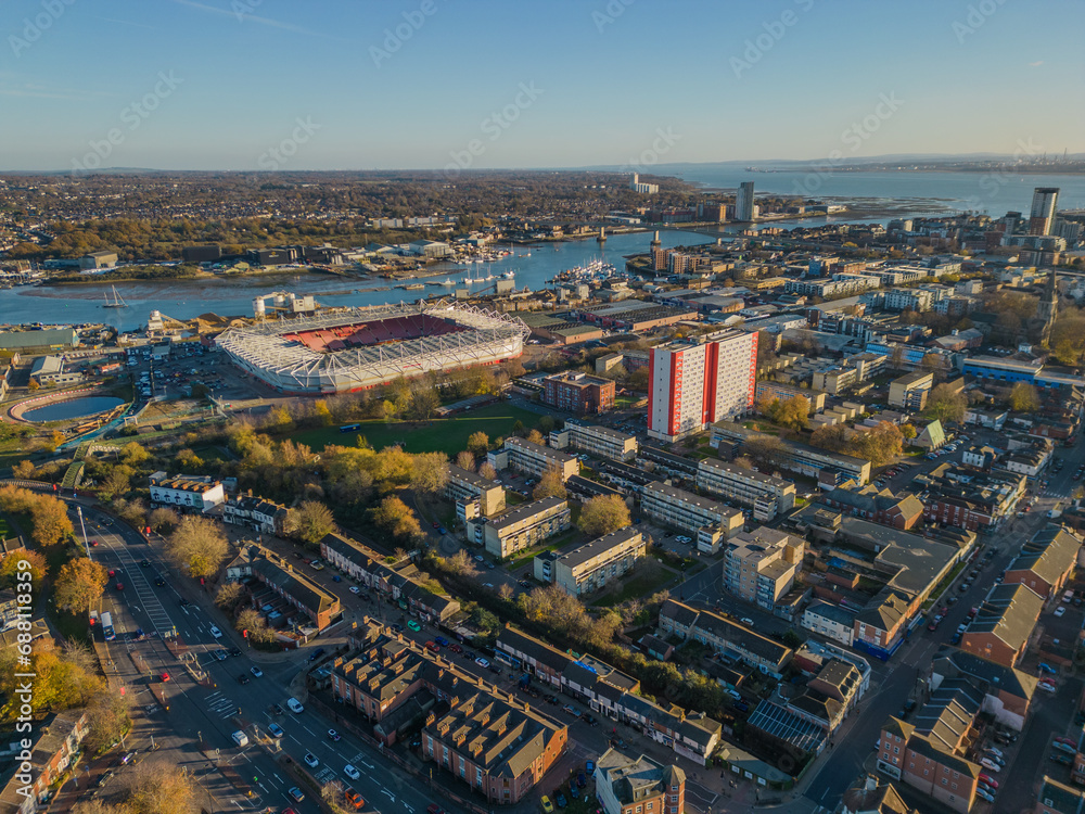 Southampton Saint Mary's Stadium Football club aerial towards Itchen river autumn