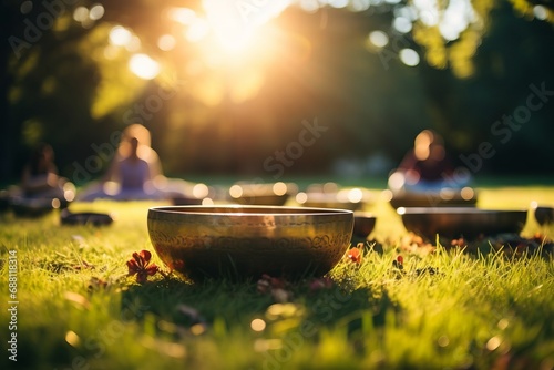 Collective practice with Tibetan singing bowls on meadow on sunset, blur background. Selective focus. photo