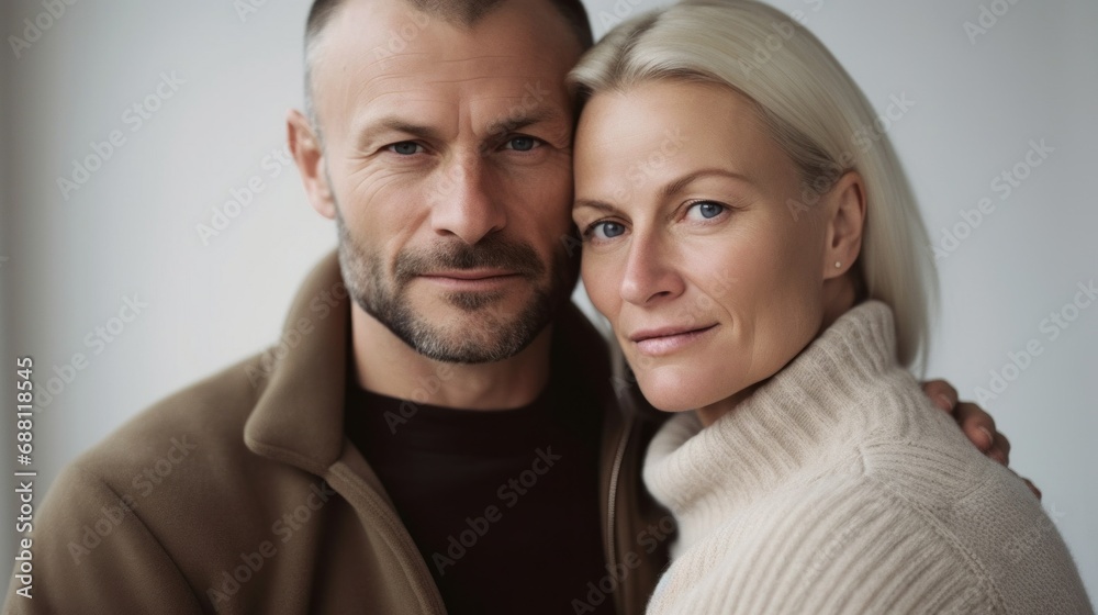 An affectionate couple in their middle years sharing a hug at home. An affectionate couple in their middle years sharing a hug at home.