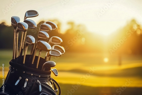 Golf clubs drivers over beautiful golf course at the sunset, sunrise time. photo