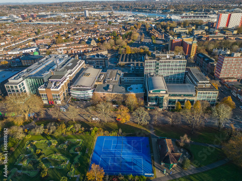 Southampton Solent University from East Park in autumn aerial photo