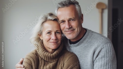 A middle-aged European couple cuddling indoors.