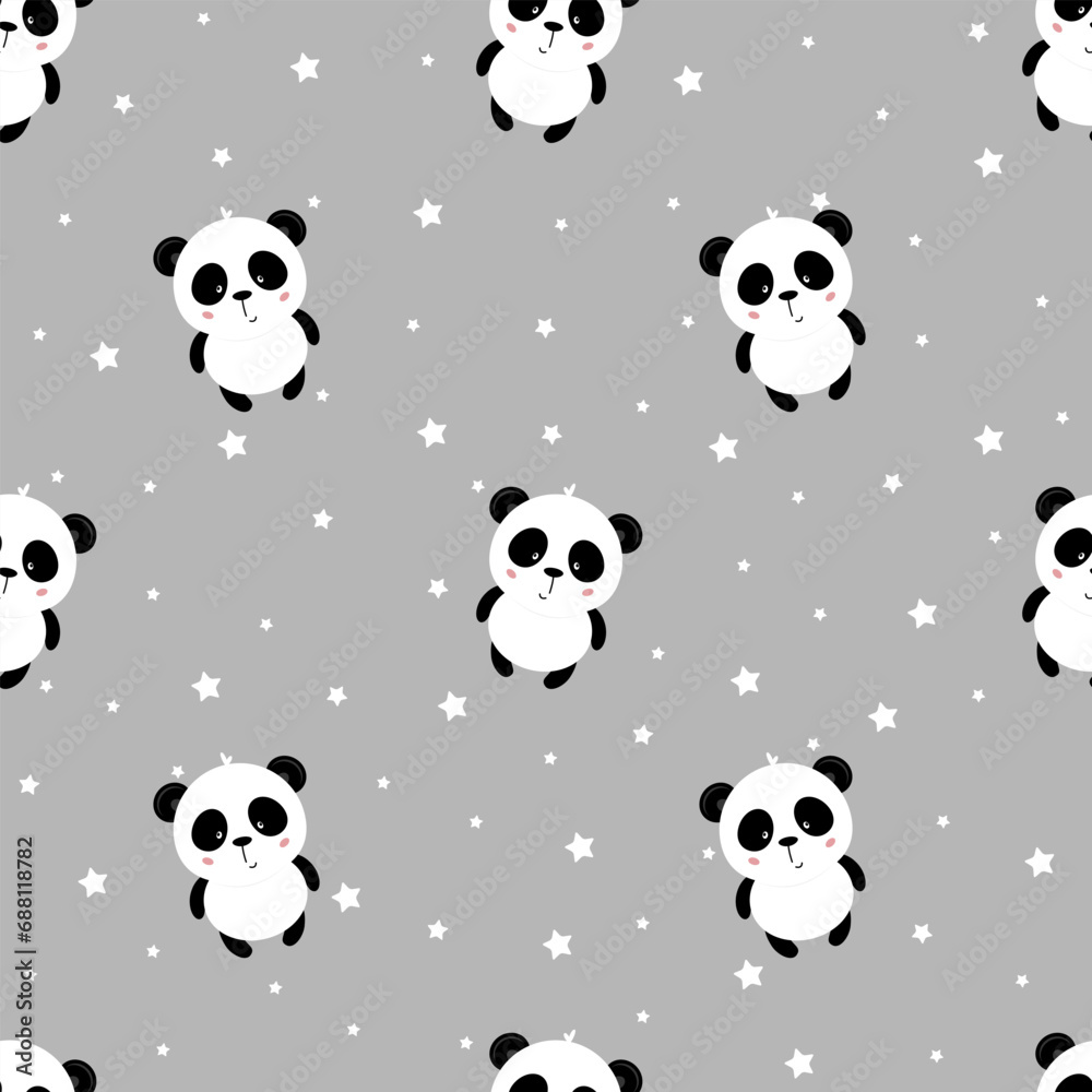 Seamless cute cartoon panda with srars. Nursery print