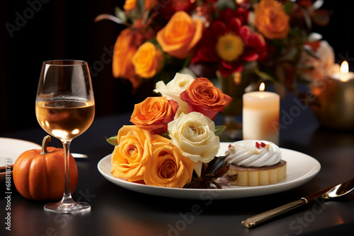 cake and rose, rose and candle, Romantic table setting with white dinnerware and red napkins, wine and candles. Valentines day or romantic dinner concept. Romantic Dinner photo