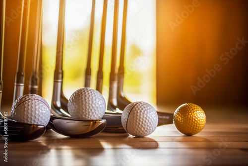 Golf equipment on wood floor preparing for good game. photo