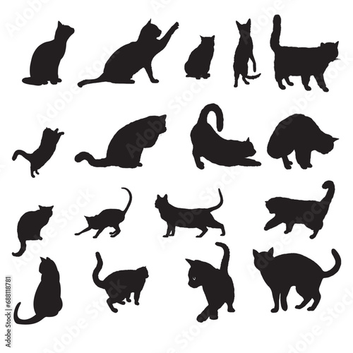 Set of black cats  pets. Vector art illustration on white background. 