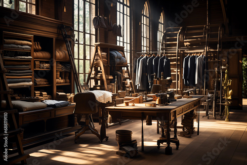 a perfectly lit tailor shop portaying elegance and class