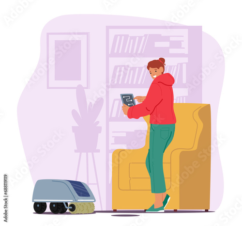 Woman Effortlessly Directs Robot Cleaner Across The Floor, Embracing The Convenience Of Technology For A Spotless Home