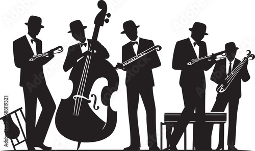 Melodic Unity Jazz Musicians Symbolic Silhouettes Rhythmic Harmony Stick Figure Jazz Band Design
