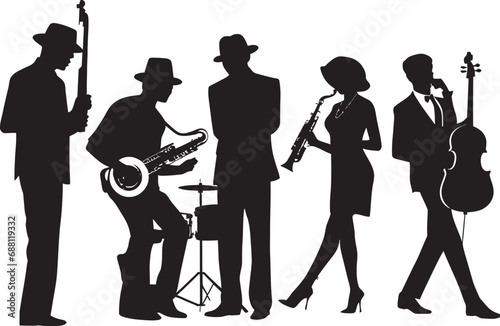 Harmonious Fusion Iconic Stick Figure Jazz Ensemble Cadence Sketch Jazz Musicians Emblem Design