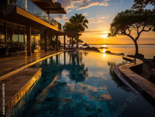 Luxurious infinity pool at a tropical resort  capturing the seamless blend of the pool s edge with the ocean horizon  tranquil and mesmerizing