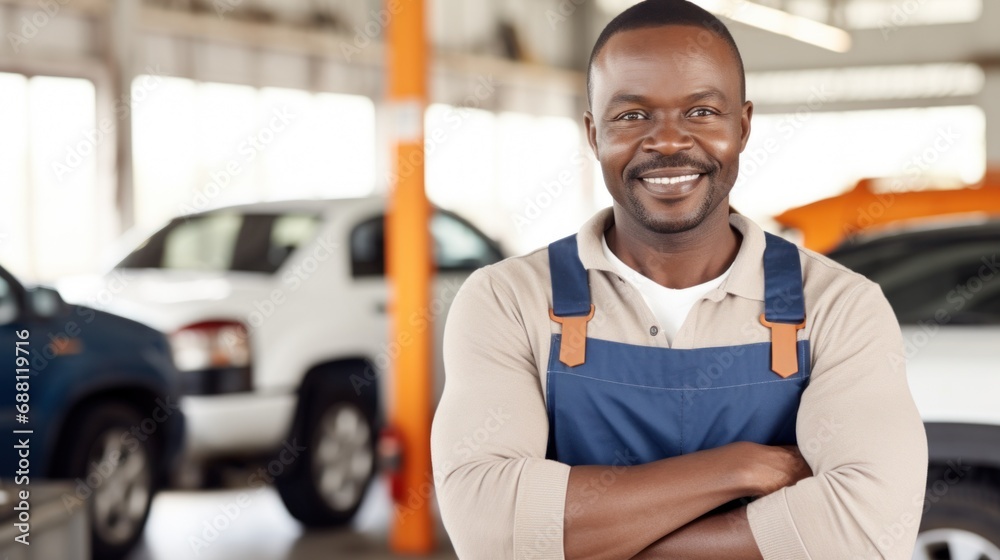 Joyful mechanic radiates positivity during a photo session at the workshop. Joyful mechanic radiates positivity during a photo session at the workshop.