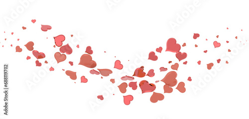 Falling red and pink hearts isolated on transparent background. Valentine’s day design. 3D rendering